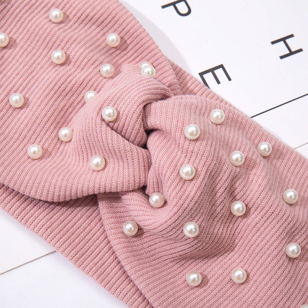 Bow Women's Headbands Pearls Head Bands Knitted Turban Bandana Autumn Winter Elastic Hairband Warm Hair Accessories Headdress