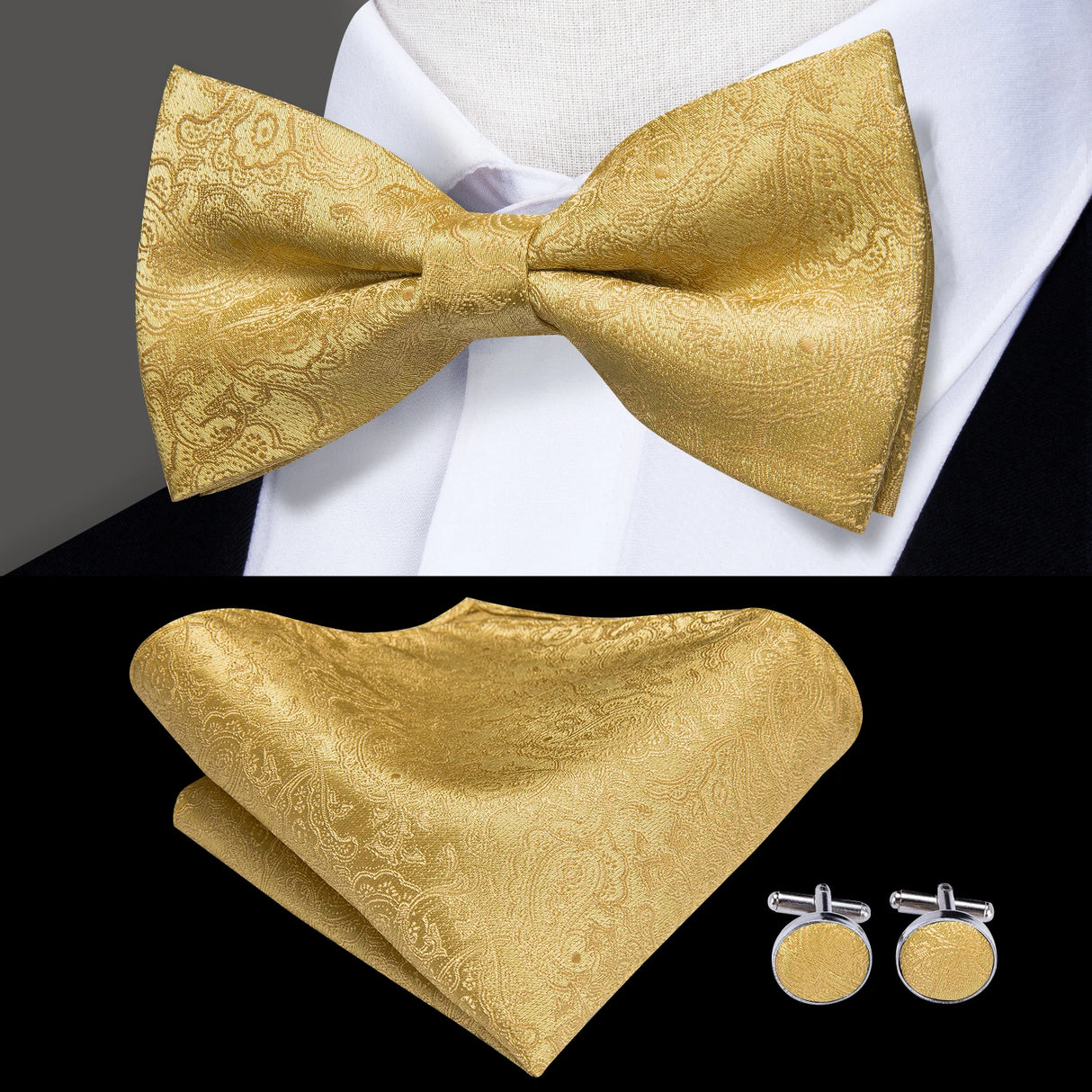 Hi-Tie Luxury Gold Silk Bow Ties for Men Fashion Men's Yellow Bowtie Handkerchief Cufflinks Brooch Set butterfly  Wedding Set