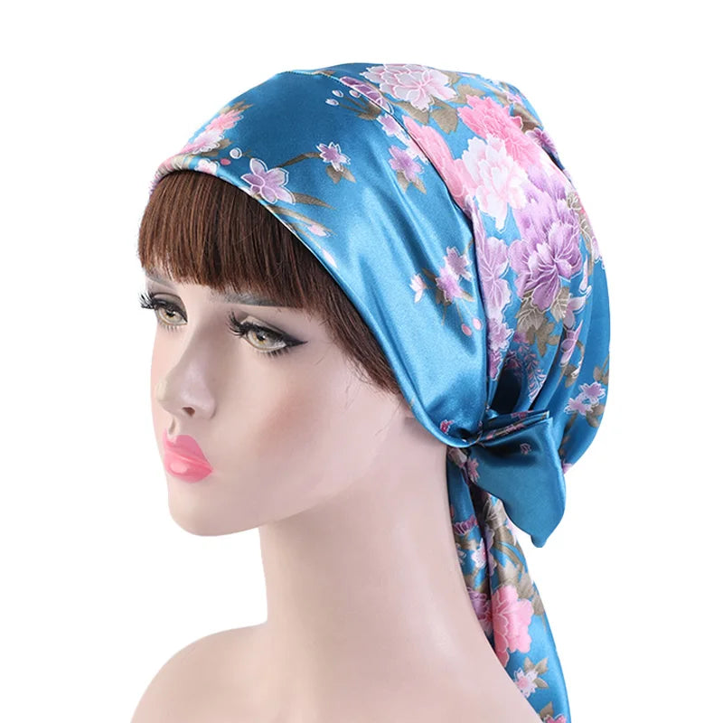 New Women silky satin night sleeping cap head wrap Bowknot Turban Pre Tied Fitted Bandana Chemo cap Nightcap hair loss patients