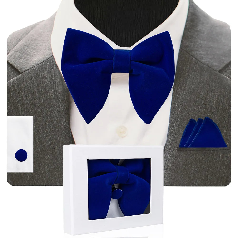 GUSLESON Velvet Big Bow Tie Men's Bowties Pocket Square Cufflinks Set with Gift Box Solid Red Yellow Necktie For Man Wedding