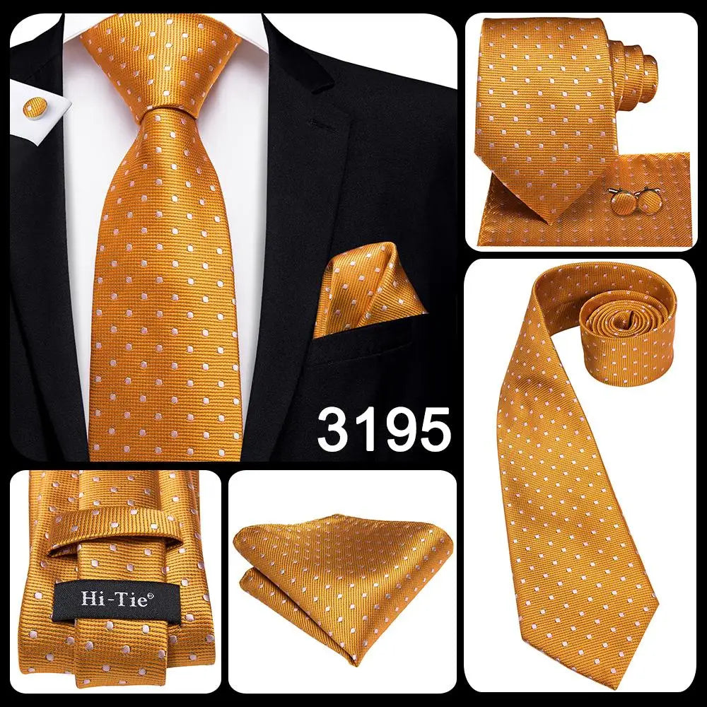 Hi-Tie Luxury Gold Orange Striped Paisley Silk Wedding Tie For Men Hanky Cufflink Gift Mens Necktie Business Party Dropshipping