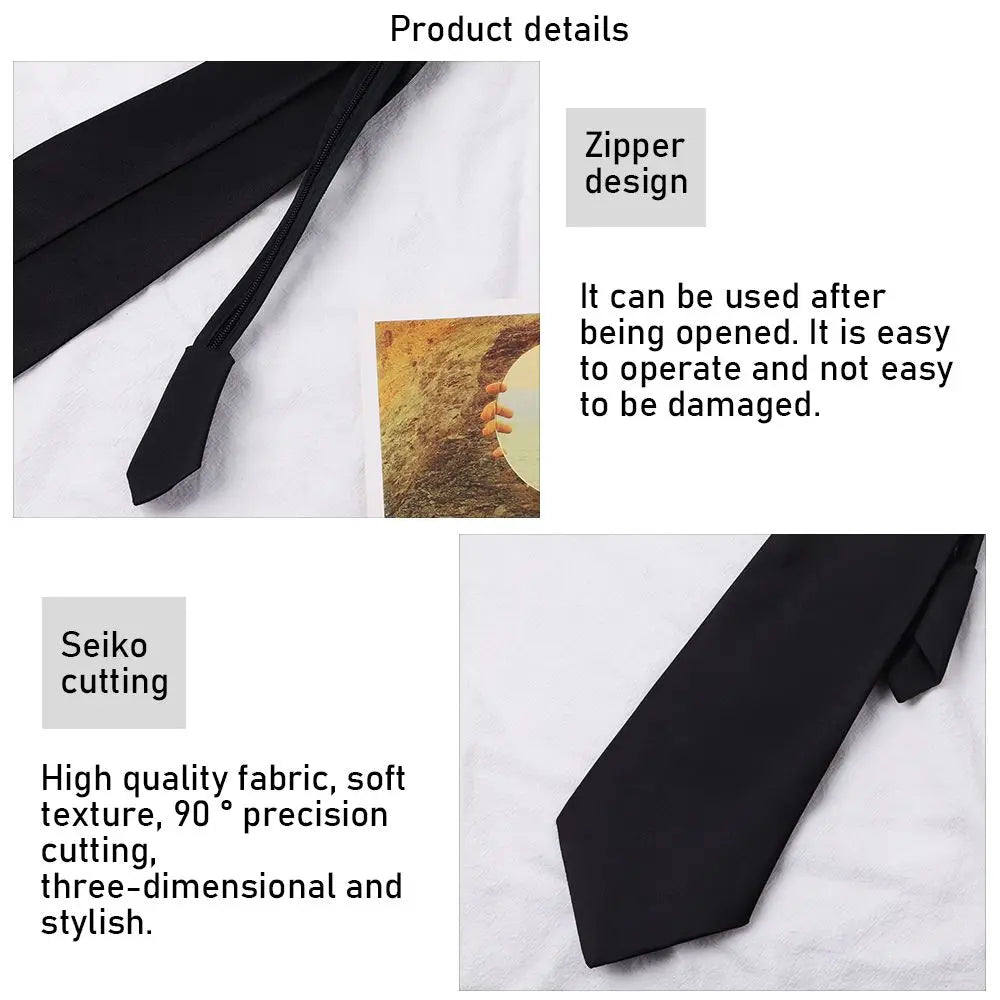 1PC Ties Student Retro Black Solid Silky Narrow Neck Tie Slim Smooth Women Zipper Necktie Casual Elegant All-match Trendy Unisex