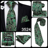 Hi-Tie Luxury Floral Paisley Ties for Men Male Desigenr Red Green Snow Ties for Christmas Adult Silk Tie Hanky Cufflinks Tie Set