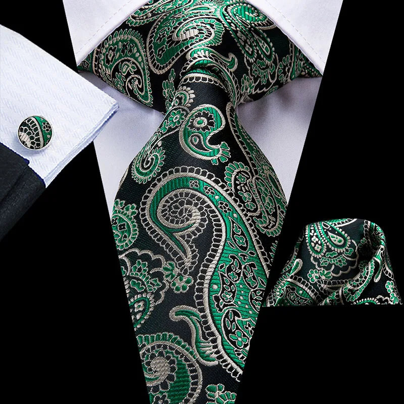 Hi-Tie Luxury Floral Paisley Ties for Men Male Desigenr Red Green Snow Ties for Christmas Adult Silk Tie Hanky Cufflinks Tie Set