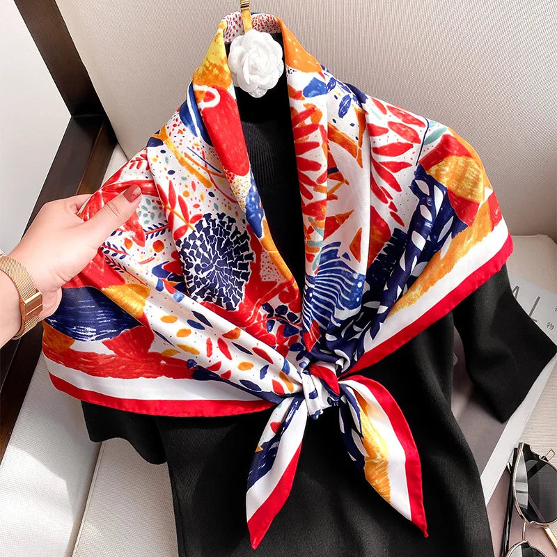 2023 Women Brand Designer Scarf Fashion Oil Painting Aztec Silk Scarves Square Small Handkerchief Neck Snood Bag Hijab 90*90Cm