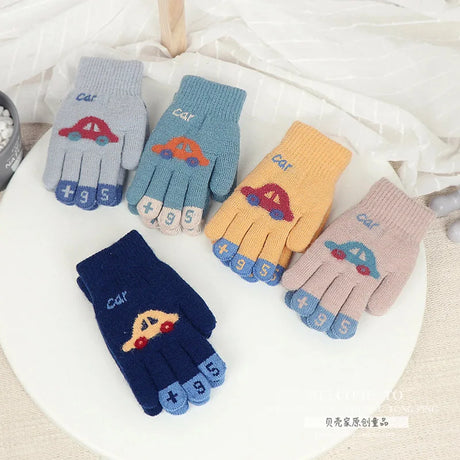 Children Gloves For 4-8 Years Boys Winter Knitted Soft Warm Cute Cartoon Car Kids Gloves Full Finger Girls Mittens