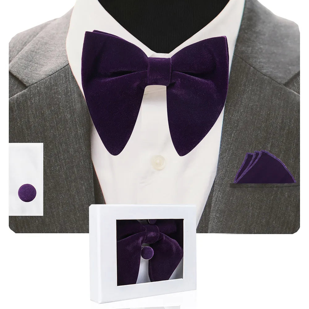GUSLESON Velvet Big Bow Tie Men's Bowties Pocket Square Cufflinks Set with Gift Box Solid Red Yellow Necktie For Man Wedding