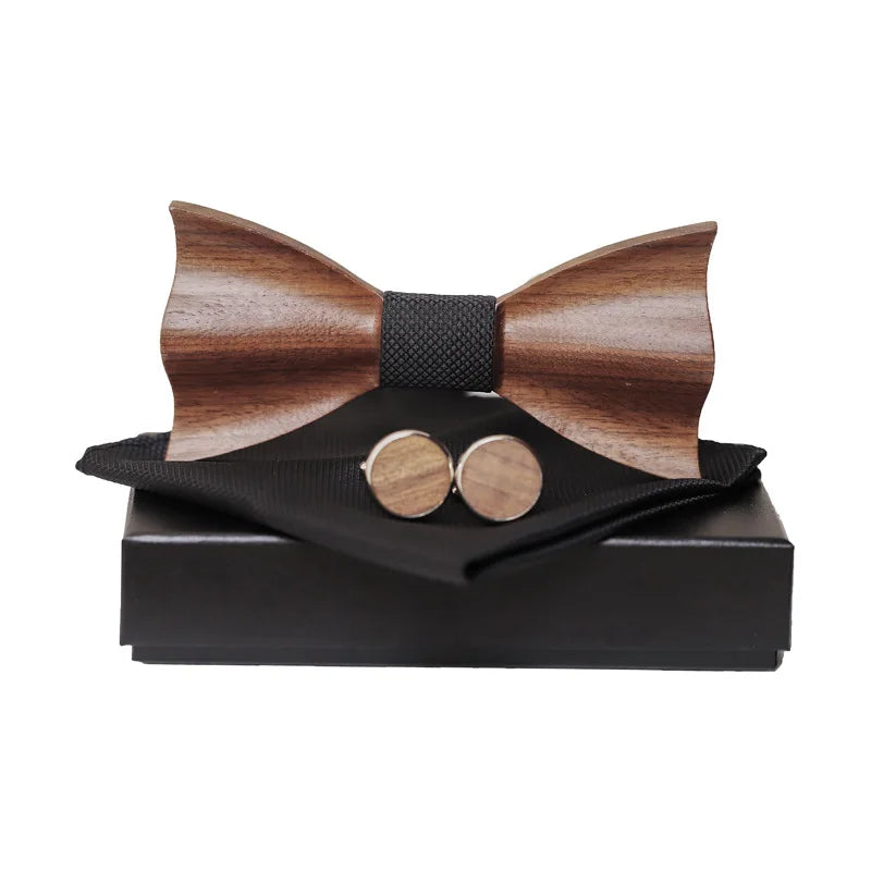 Wooden Bow Tie Handkerchief Cufflinks Set Men's Plaid Bowtie Wood Hollow carved cut out design with Gift Box Fashion Novelty tie