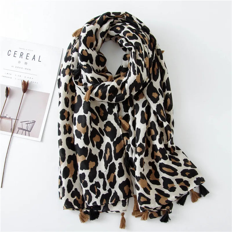 Fashion Printed Leopard Scarf Female Spring Muslim Women Hijab Scarves Tassel Large Size Headband Handkerchief Women's Bandana