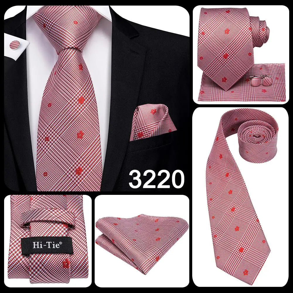 Hi-Tie 100% Silk Classic Men's Wedding Coral Pink Red Peach Tie Pocket Square Cufflinks Set Rose Ties for Men Solid Paisley Ties