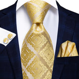 Hi-Tie Designer Gold Solid Silk Wedding Tie For Men Handky Cufflink Gift Men Necktie Fashion Business Party Dropshiping