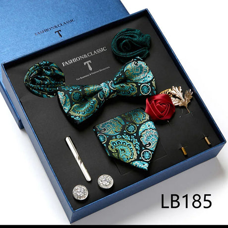 Holiday Gift Box Tie For Men 7.5 cmTie Hanky Pocket Squares Cufflink Set Bow Tie Clip Necktie Box Purple hombre Geometric Office