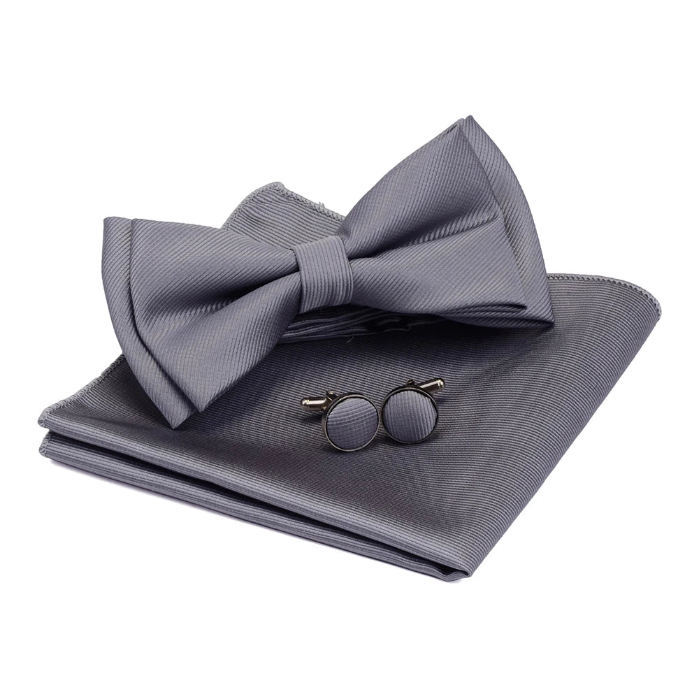 Solid Bow Tie Set Different Size Up and Down Men's Plain Bowtie Handkerchief Cufflinks Gift Box Set For Men Wedding Fashion Ties