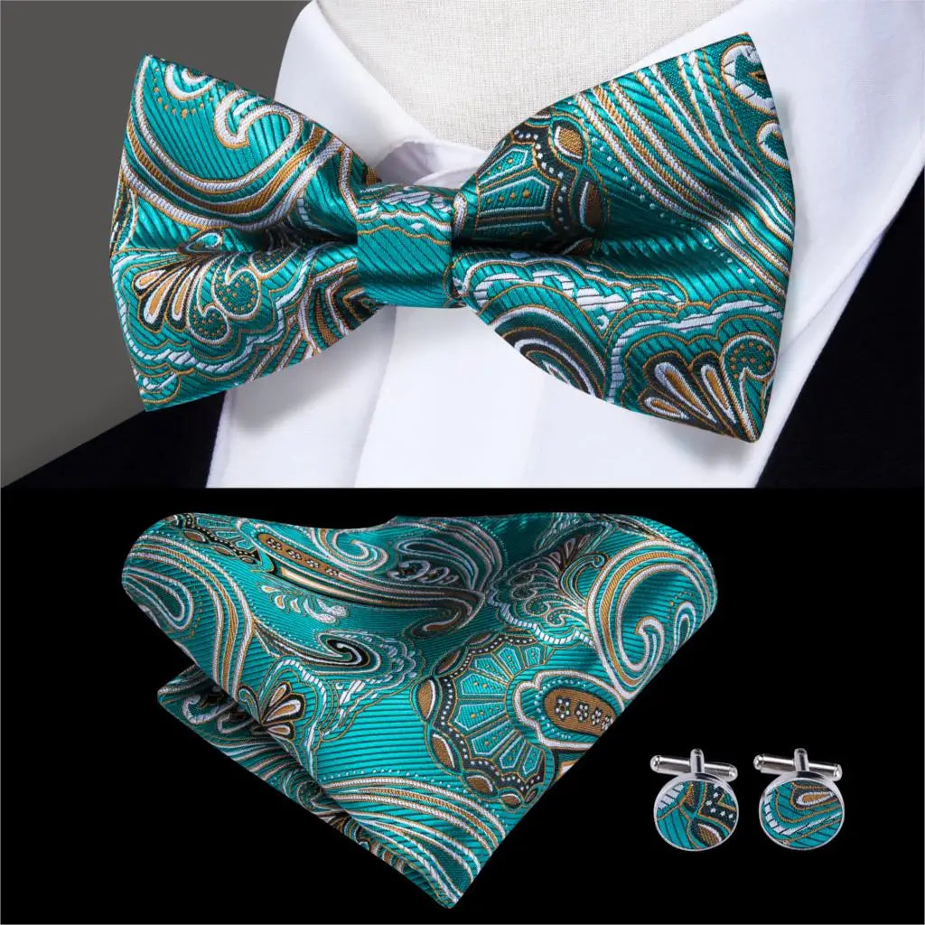 Hi-Tie Christmas Green Bow Ties for Men Silk Butterfly Tie Bow Tie Hanky Cufflinks Set Wedding Party Paisley Plaid Solid Bowtie