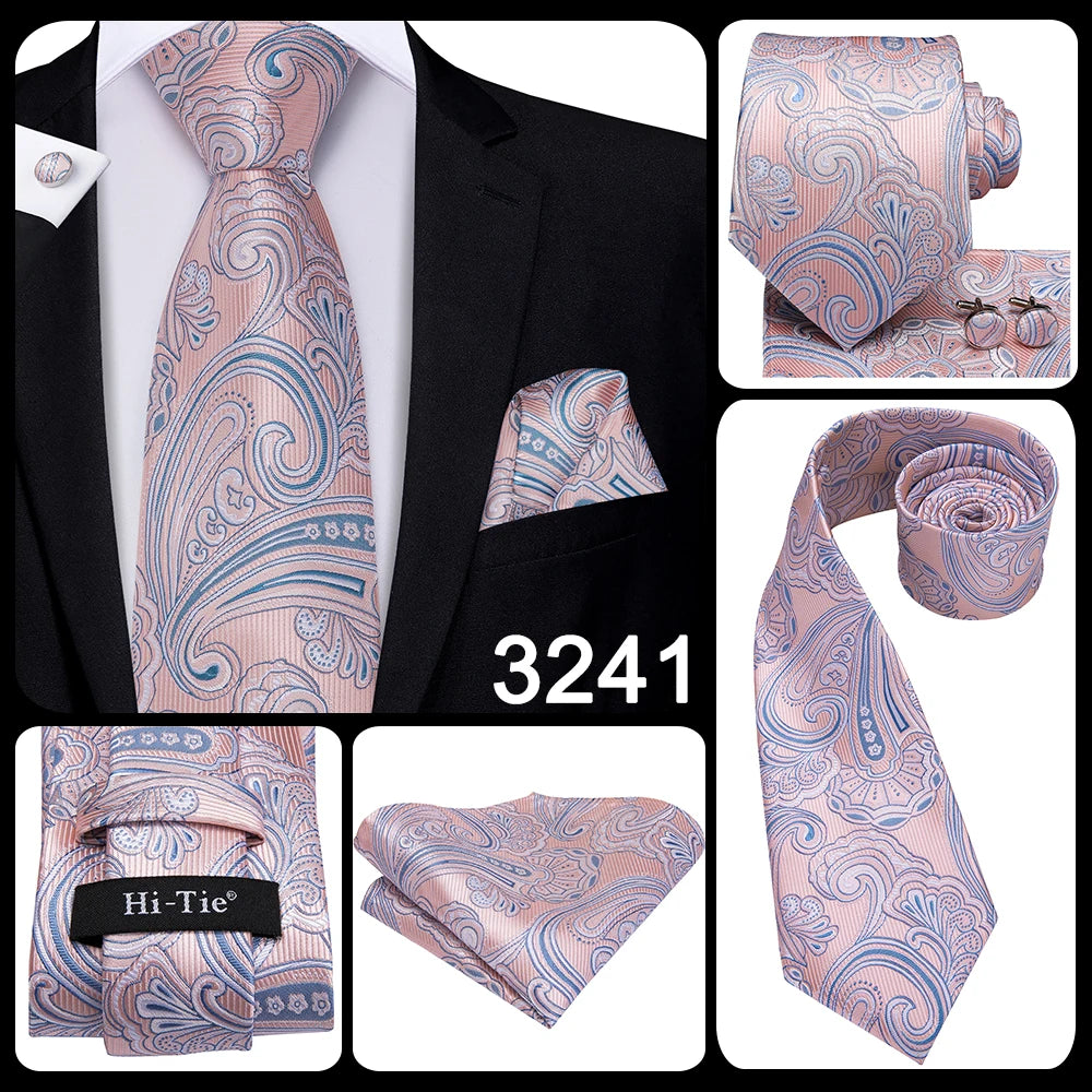 Hi-Tie 100% Silk Classic Men's Wedding Coral Pink Red Peach Tie Pocket Square Cufflinks Set Rose Ties for Men Solid Paisley Ties