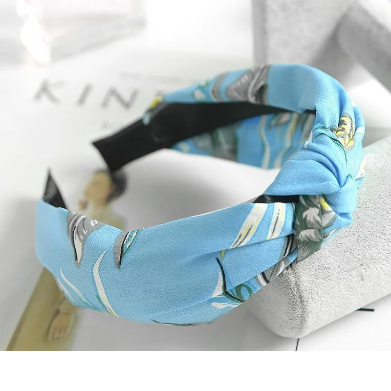 Women Elegant Top Knot Headband Print Dot Hairbands Girls Striped Plaid Flower Hair Hoop Fashion Hair Accessories FG0320