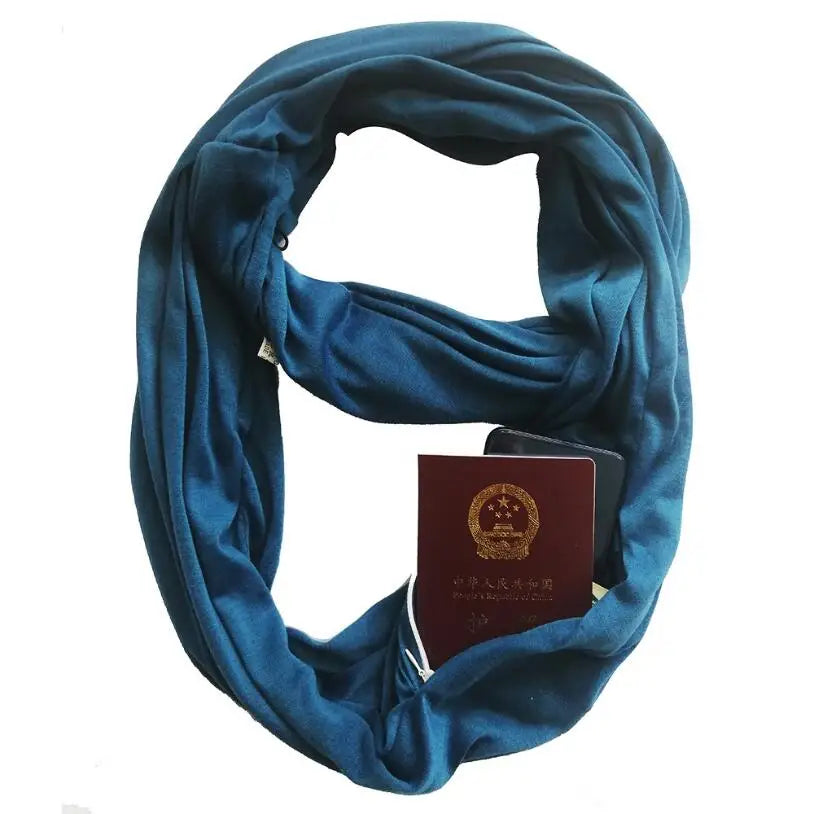 180CM women zipper pocket scarf infinity scarf solid color woman storage item scarf bib ring scarves warm sweat cloth travel