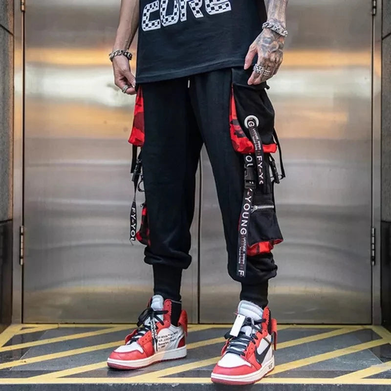 Joggers Cargo Pants for Men Casual Hip Hop Hit Color Pocket Male Trousers Sweatpants Streetwear Ribbons Techwear Pants