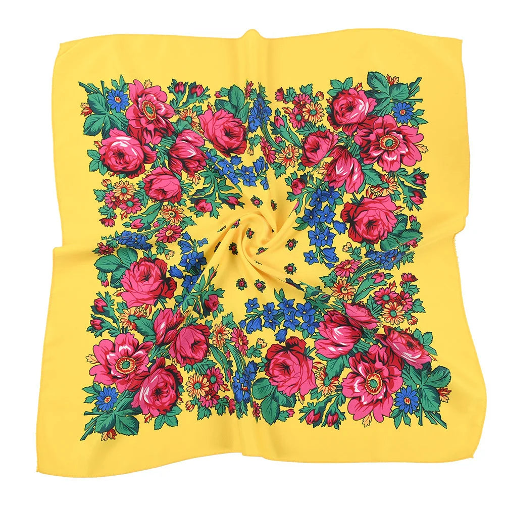 70*70cm Luxury Flowers Square Russian Scarf Women Floral Printed Shawl Female Bandana Head Wrap Headband Scarves Handkerchief