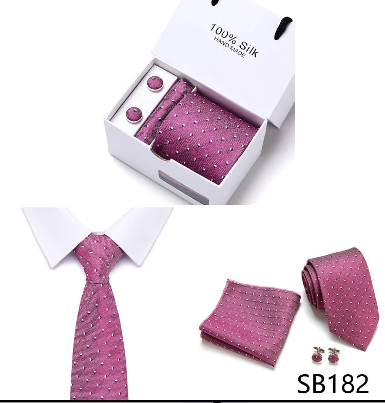 Brand 100% Silk Ties Gift box Office  Men Classic Party Wedding striped 7.5cm Silk Wedding  Floral Tie Necktie Handkerchief Set