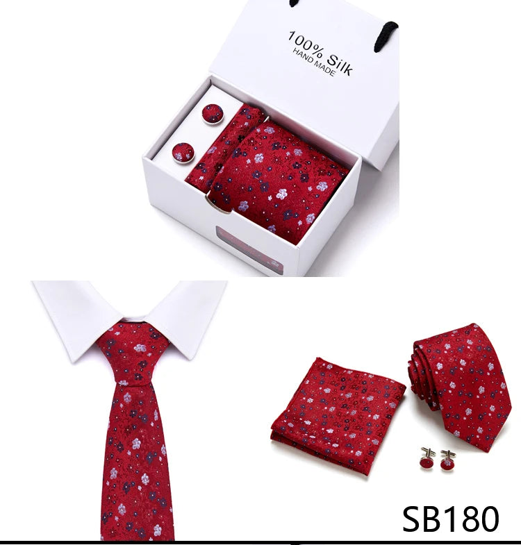 Brand 100% Silk Ties Gift box Office  Men Classic Party Wedding striped 7.5cm Silk Wedding  Floral Tie Necktie Handkerchief Set