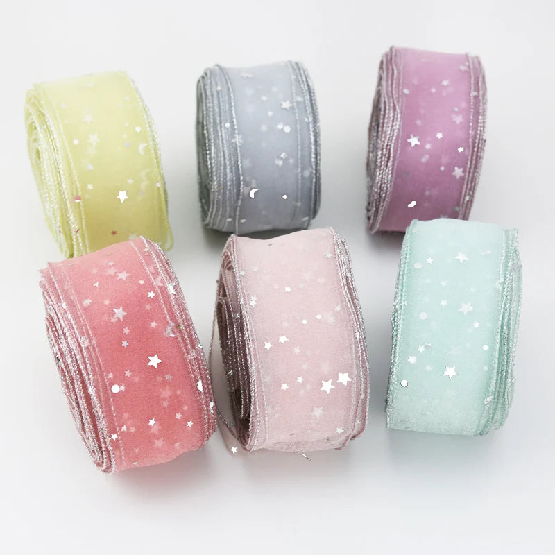 (5 Yards/roll) Stars Silk Organza ribbon Bow material for hair print flower decoration lace ribbons