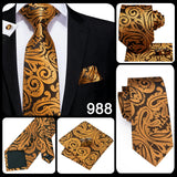 Hi-Tie Luxury Gold Orange Striped Paisley Silk Wedding Tie For Men Hanky Cufflink Gift Mens Necktie Business Party Dropshipping