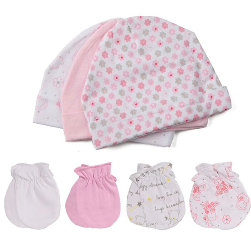 2022 Unisex Baby Hats+Gloves Headwear Cotton Solid Newborn Nightcap Fitted Baby Boys Girls Sets Print Cartoon Baby Accessories