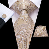 Hi-Tie Solid Champagne Ivory Floral Design Silk Wedding Tie For Men Quality Hanky Cufflink Fashion Nicktie Business Dropshipping