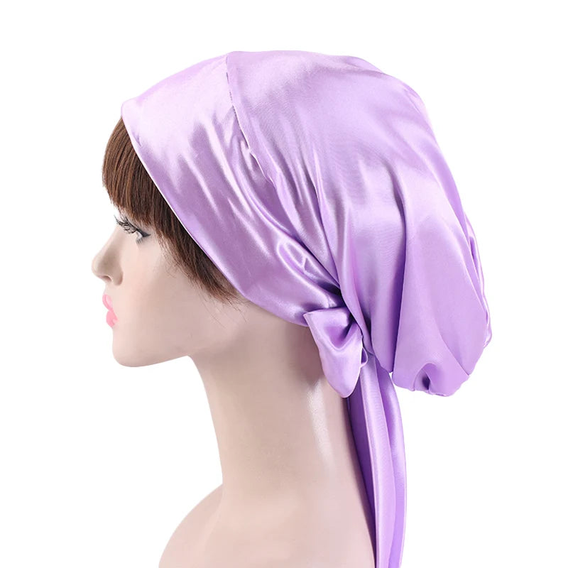 New Women silky satin night sleeping cap head wrap Bowknot Turban Pre Tied Fitted Bandana Chemo cap Nightcap hair loss patients