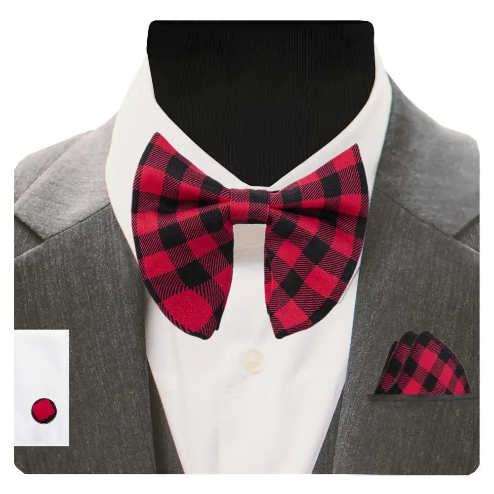 GUSLESON Velvet Big Bow Tie Men's Bowties Pocket Square Cufflinks Set with Gift Box Solid Red Yellow Necktie For Man Wedding