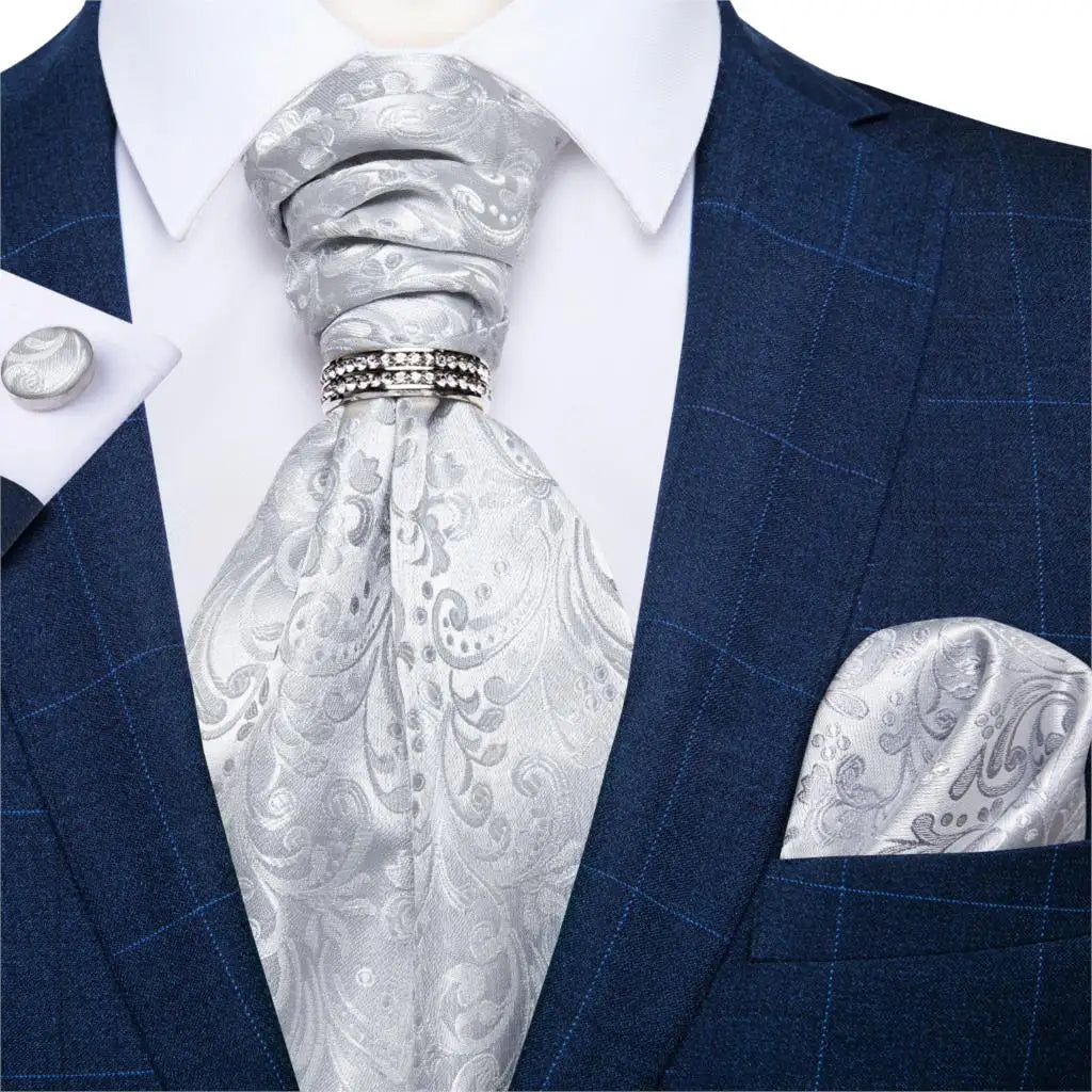 Luxury Silver Paisley Men Ascot Tie Wedding Formal Cravat Ascot Scrunch Self British Neck Tie Set Pocket Square Cufflink DiBanGu