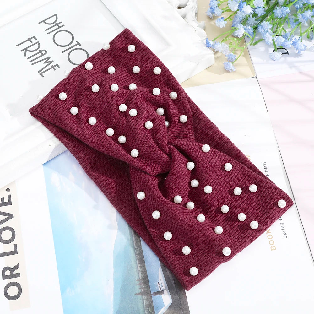 AWAYTR Women's Headbands Pearls Head Bands Knitted Turban Bandana Autumn Winter Elastic Hairband Warm Hair Accessories Headdress