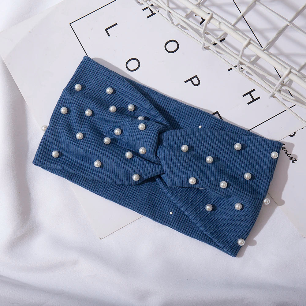 Bow Women's Headbands Pearls Head Bands Knitted Turban Bandana Autumn Winter Elastic Hairband Warm Hair Accessories Headdress