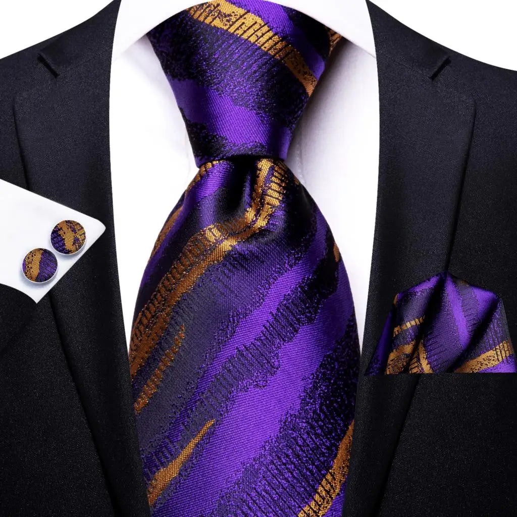 Hi-Tie Purple Lilac Floral Striped Silk Elegant Tie For Men Groom Wedding Men Necktie Pocket Square Cufflink Accessory Wholesale