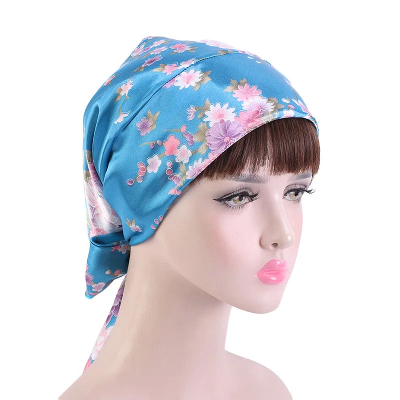 New Women silky satin night sleeping cap head wrap Bowknot Turban Pre Tied Fitted Bandana Chemo cap Nightcap hair loss patients