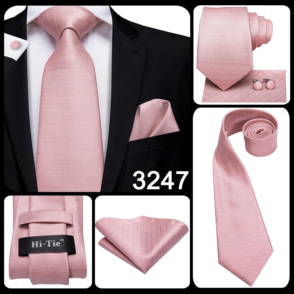 Hi-Tie Solid Rose Pink Coral Paisley Mens Silk Wedding Tie Fashion Design Necktie For Men Quality Hanky Cufflink Business Party