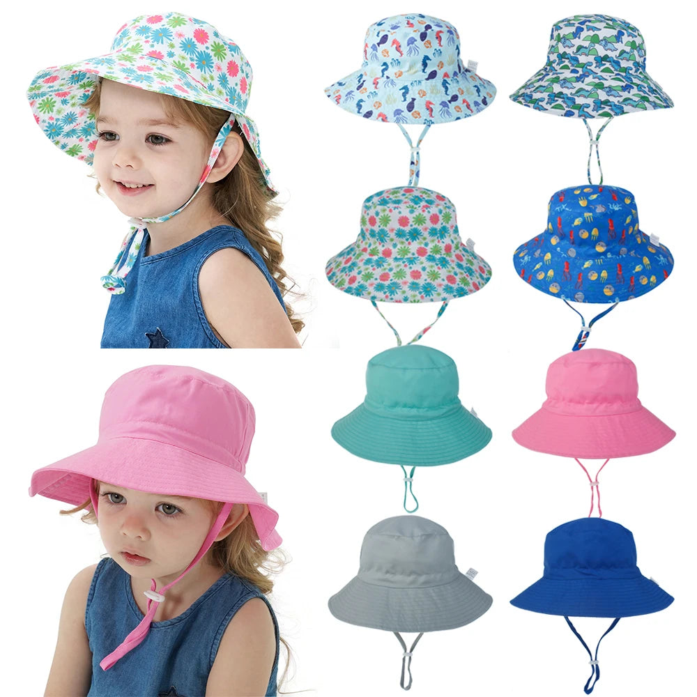 Girls Boys Outdoor Anti UV Beach Cap Summer Baby Sun Hat Swimming Hat Kids Bucket Cap with Adjustable Chin Strap 0-8 Years