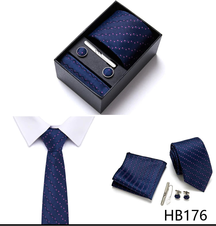 Brand Wholesale Tie Pocket Squares Cufflink Set Necktie Blue Striped Man Wedding Accessories Fit Workplace Holiday Gift Box