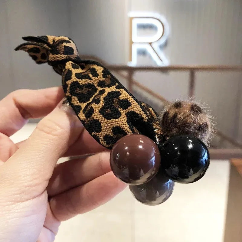 Leopard Elastic Hair Bands Ponytail Holder Scrunchies Big Pearls Beads Rubber Resin Balls Band Headband Lady Hair Accessories