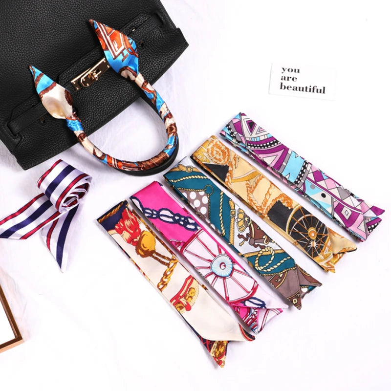 New Print Flower Small Scarf for Women Handle Bag Ribbons Brand Fashion Head Scarf Small Long Skinny Scarves Wholesale Headbands