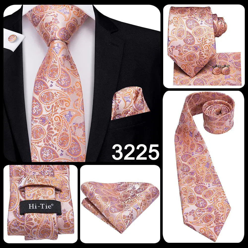 Hi-Tie Solid Rose Pink Coral Paisley Mens Silk Wedding Tie Fashion Design Necktie For Men Quality Hanky Cufflink Business Party