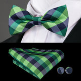 Hi-Tie Christmas Green Bow Ties for Men Silk Butterfly Tie Bow Tie Hanky Cufflinks Set Wedding Party Paisley Plaid Solid Bowtie