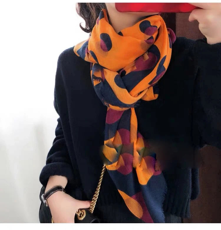 Luxury Brand Cotton Scarf For Women Winter Warm Viscose Scarves Orange Polka Dot Print Designer Fashion Pashmina Shawls Scarfs