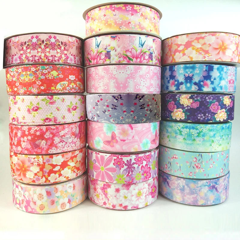 5yards/lot 25/38mm Grosgrain Ribbon Printed Lovely Floral Lace Satin Ribbons for DIY Bow Craft Card Gifts Wrapping