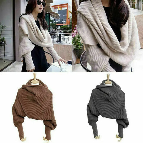 Casual Women Knit Scarf with Sleeves Winter Warm Wrap Shawl Female Solid Knitted Scarves 2020 Fashion Girls Solid Scarf