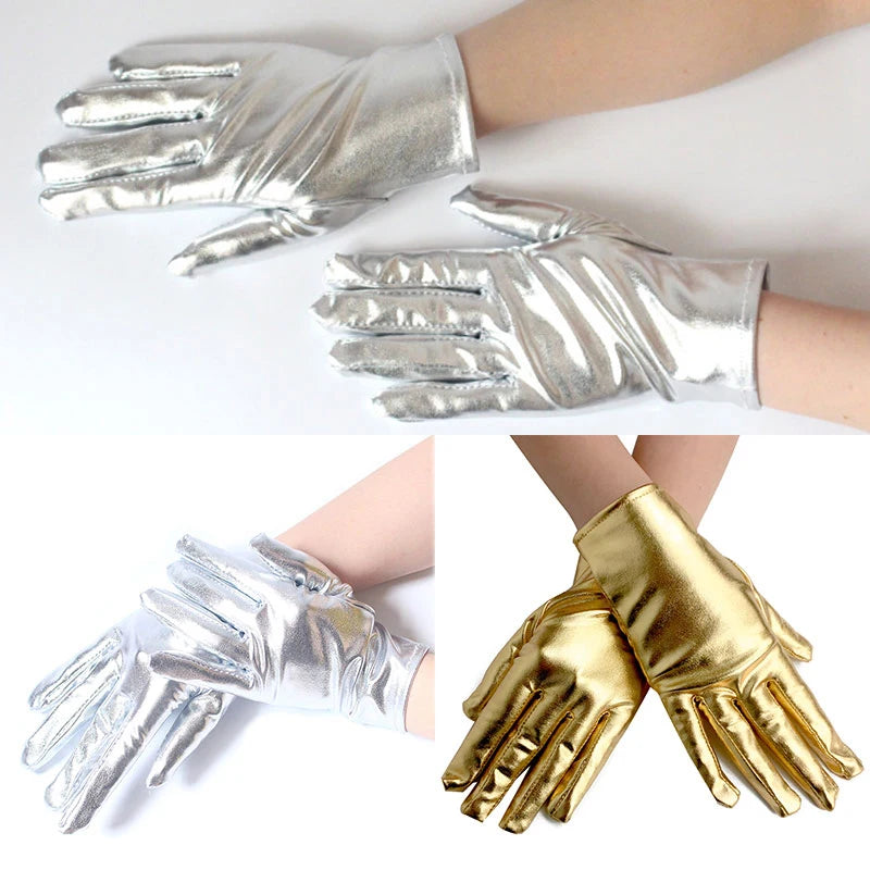 Unisex Gloves Sexy Etiquette Gloves Fake Leather Metallic Gloves Evening Party Performance Mittens Patent Leather Silver Gold