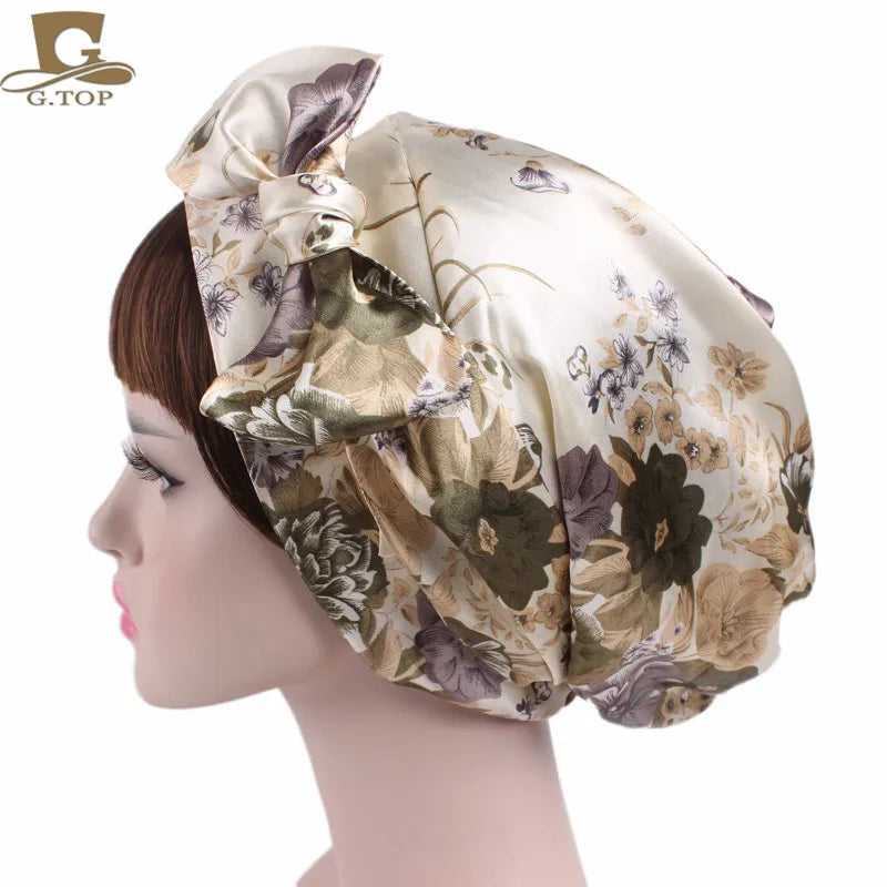 New Women silky satin night sleeping cap head wrap Bowknot Turban Pre Tied Fitted Bandana Chemo cap Nightcap hair loss patients