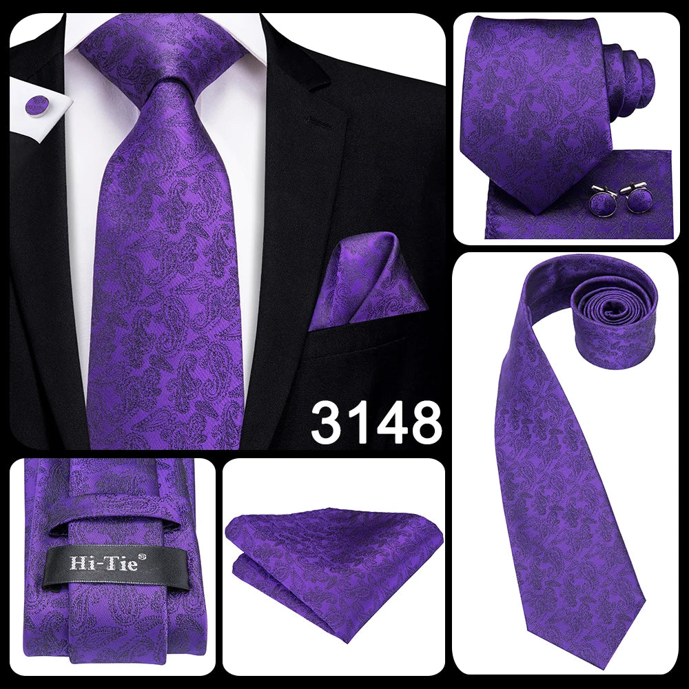 Hi-Tie Purple Solid Paisley Silk Wedding Tie for Men Novelty Design Handky cufflink Gift Men Tie Set Party Business Dropshipping