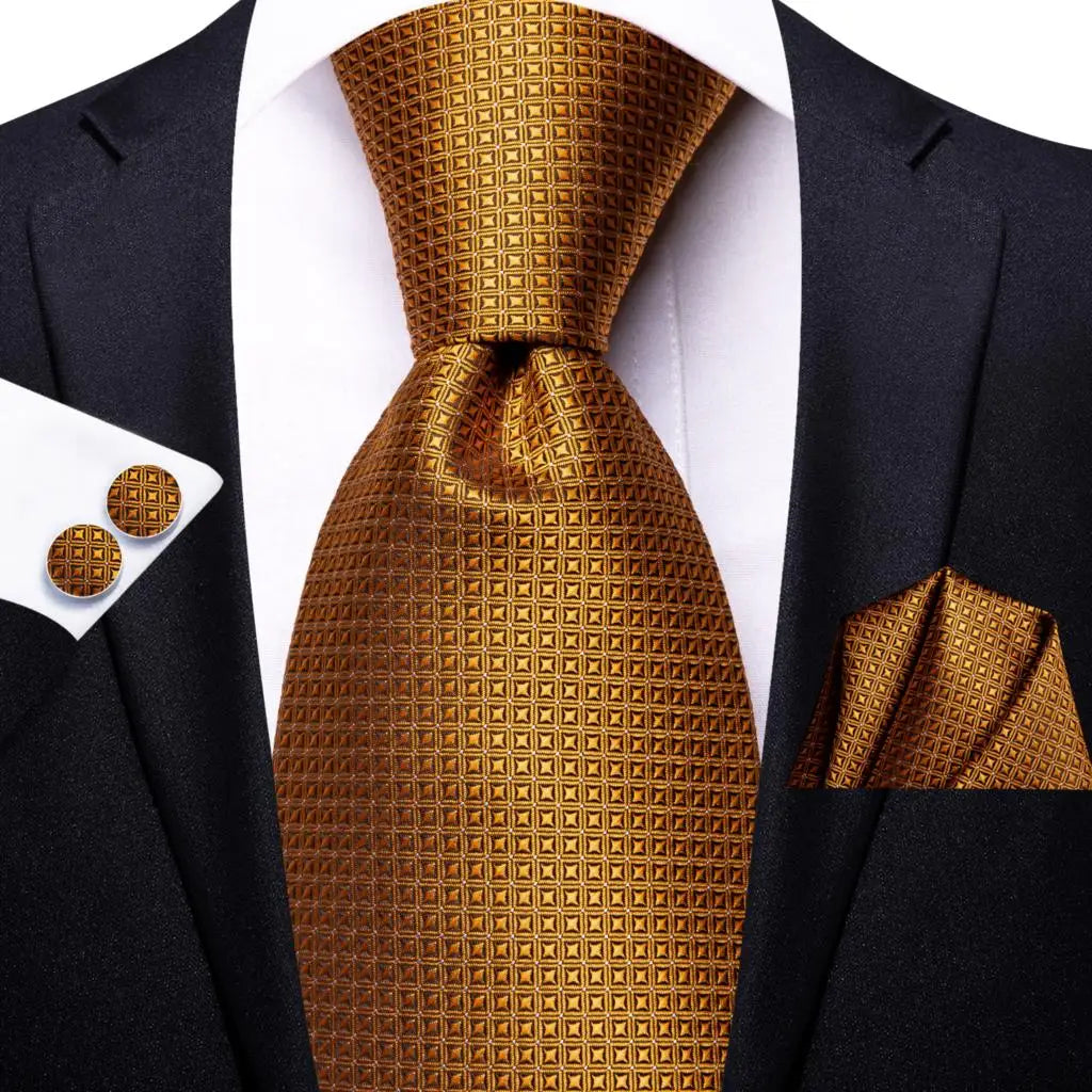 Hi-Tie Luxury Gold Orange Striped Paisley Silk Wedding Tie For Men Hanky Cufflink Gift Mens Necktie Business Party Dropshipping